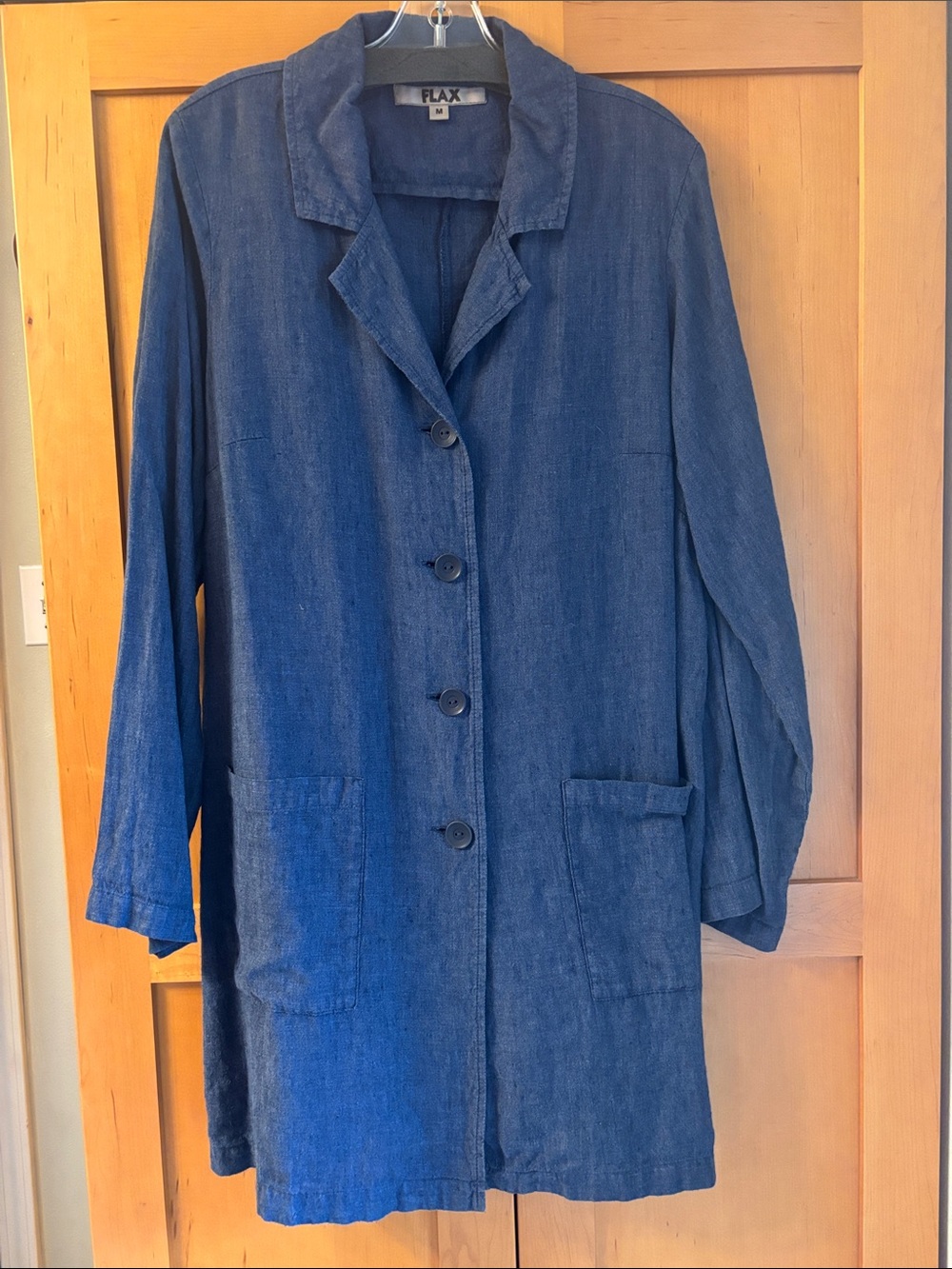 Women’s long “coat” look jacket. Made by Flax.  100% linen
